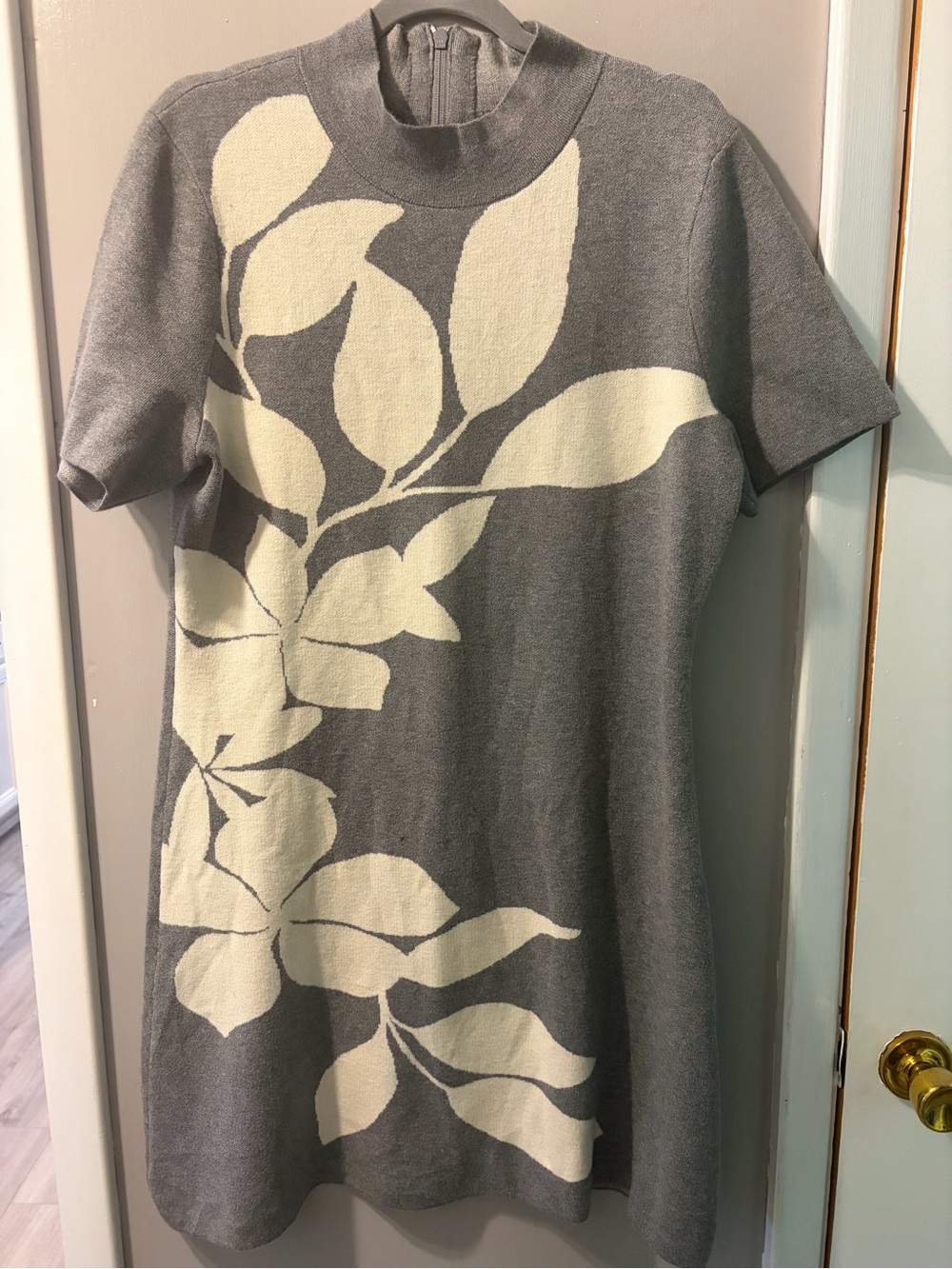 Anthropologie Gray Knit Dress with Cream Leaf Motif